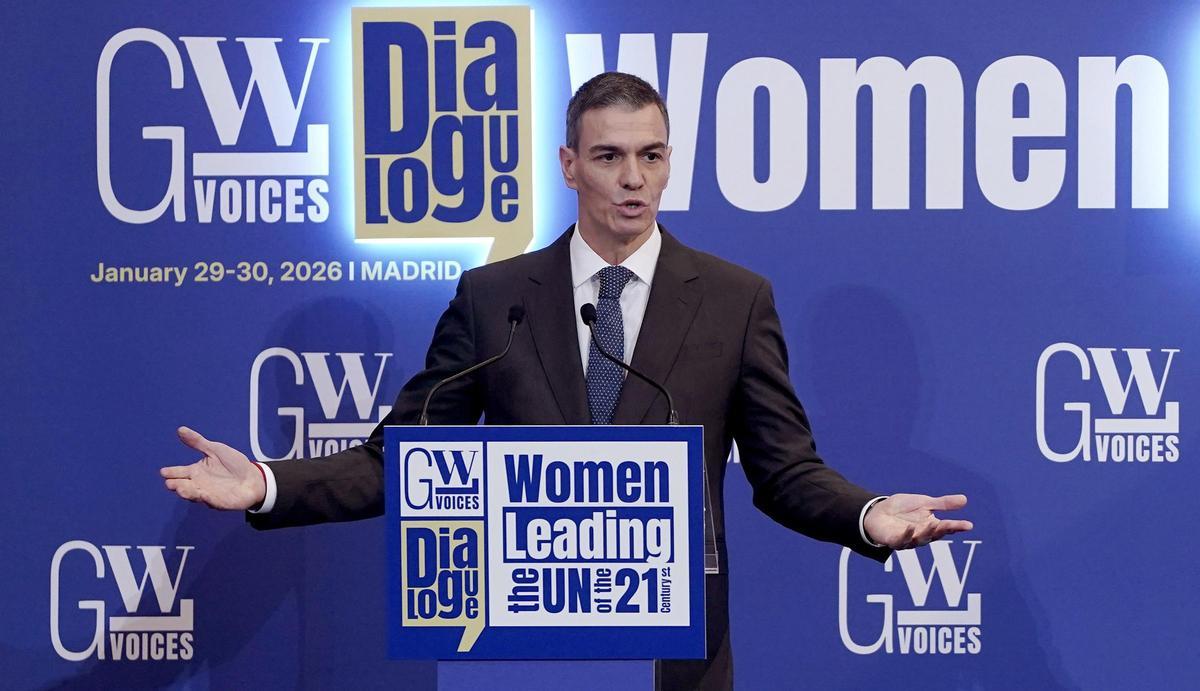 Pedro Sánchez, presidente del Gobierno, clausura el acto 'Mujeres liderando la ONU del siglo XXI'.