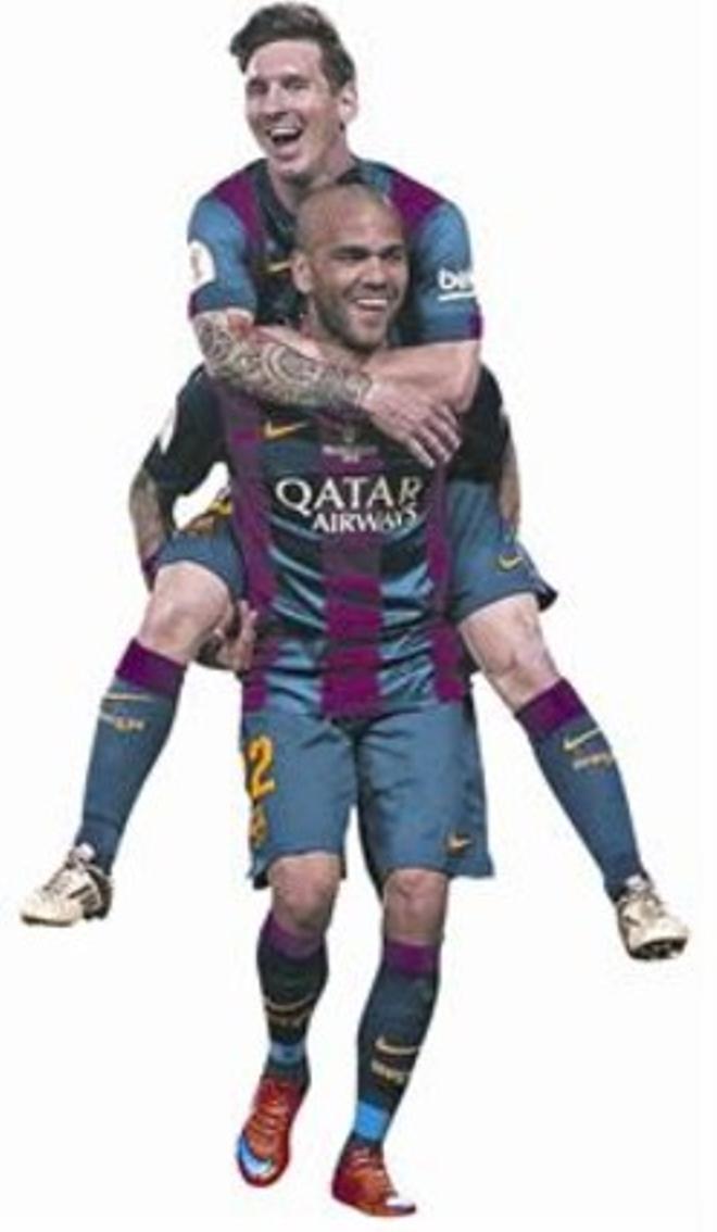 Dani Alves y Leo Messi celebran la consecución de la Copa del Rey, el pasado sábado.