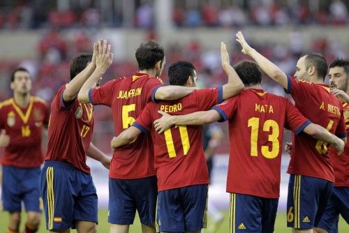 Spain's Pedro Rodriguez celebrates with team mates after he scored against Panama during their international friendly soccer match at the Rommel Fernandez stadium in Panama City