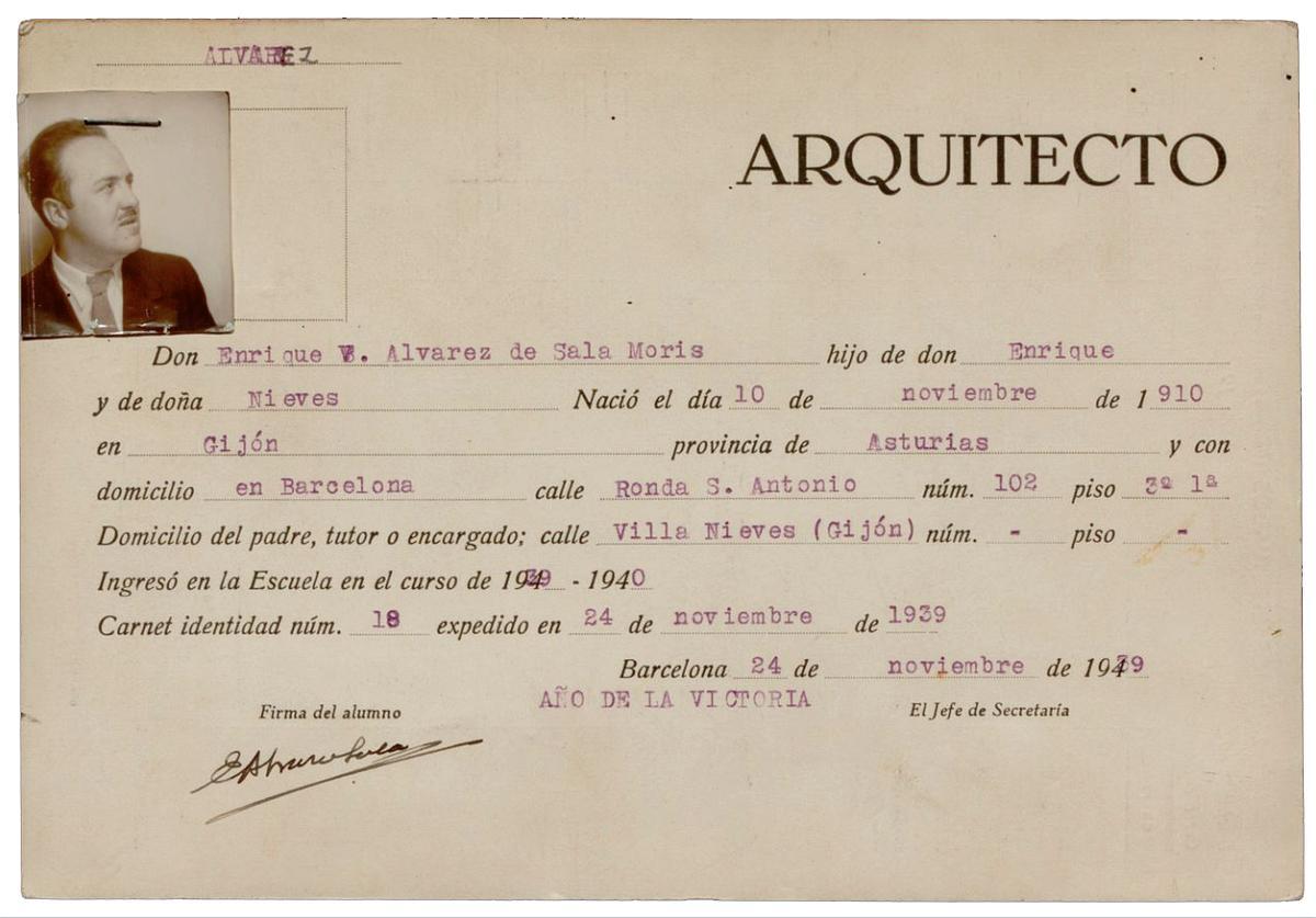 Carné de arquitecto de Enrique Álvarez Sala y Moris