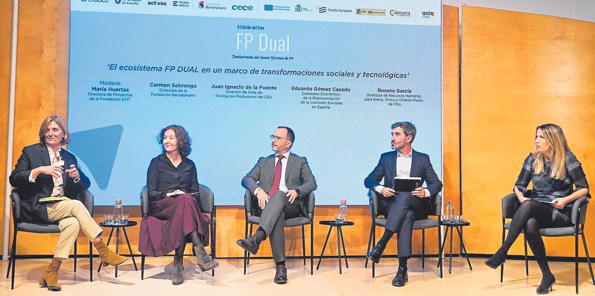 La segunda mesa, ‘El ecosistema FP dual en un marco de transformaciones sociales y tecnológicas’, con María Huertas, Carmen Sebrango, Juan Ignacio de la Fuente, Eduardo Gómez Casado y Rosana García