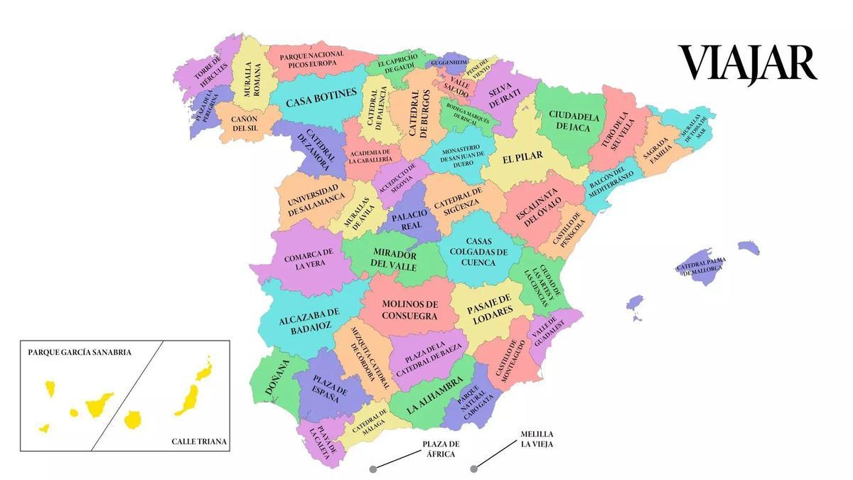 El mapa de España con las atracciones turísticas más populares de cada provincia.