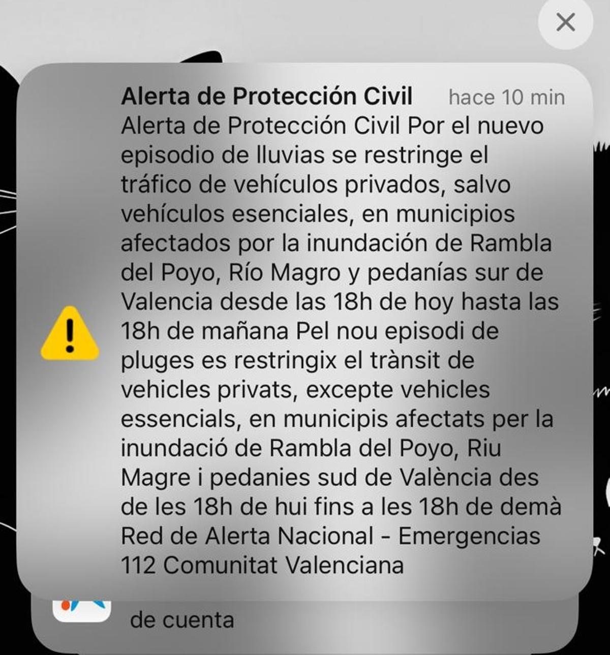Nuevo mensaje de EsAlert en la tarde del 13 de noviembre.