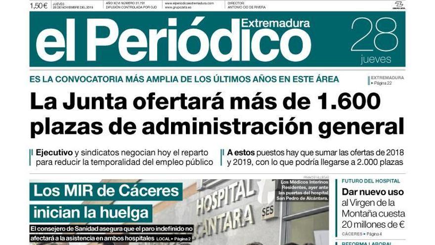 Esta es la portada de EL PERIÓDICO EXTREMADURA correspondiente al día 28 de noviembre del 2019