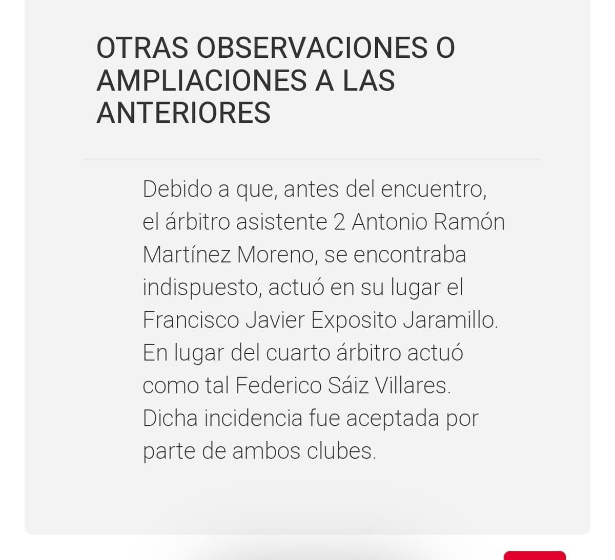 Munuera Montero recogió en el acta el motivo por el cual Fede Siaz actuó como cuarto árbitro.
