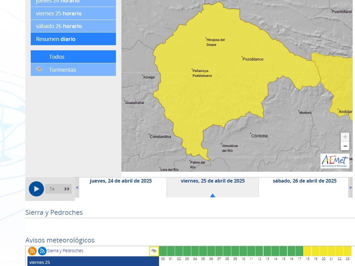 Aviso amarillo para la sierra de Córdoba previsto este viernes, 25 de abril.