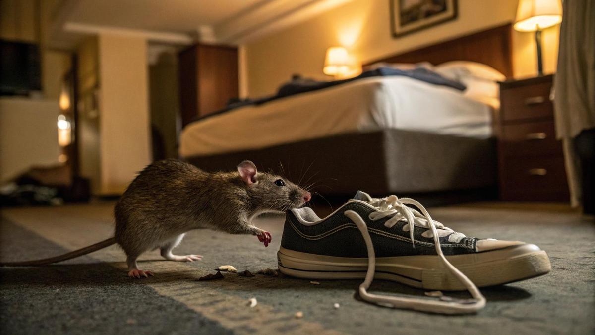 Imagen generada por inteligencia artificial de una rata mordiendo unas zapatillas.