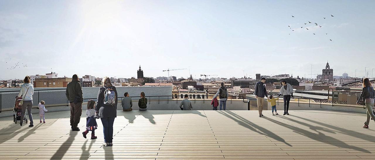 Una recreación digital de la 
terraza superior del edificio 
del IVAM con público. jma