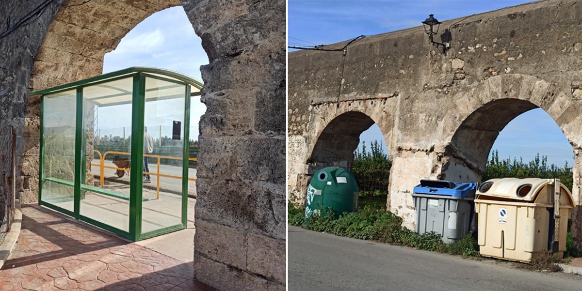 Los arcos de Zapata, en Alhaurín de la Torre, parte del BIC de la Fuente del Rey, con cables, contenedores y hasta una marquesina de autobús.