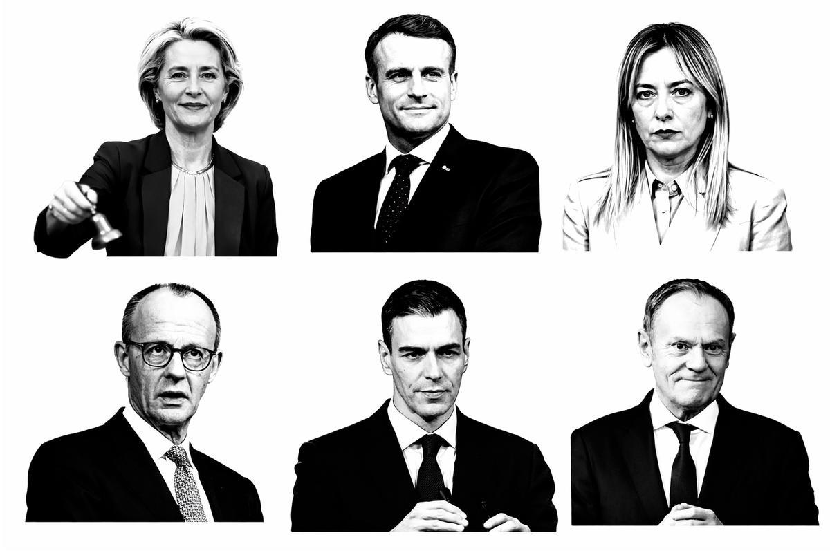 De izquiera a derecha y arriba abajo, Ursula von der Leyen, presidenta de la Comisión Europea; Emmanuel Macron, presidente de Francia; Giorgia Meloni, primera ministra de Italia; Friedrich Merz, canciller de Alemania; Pedro Sanchez, presidente del Gobierno de España y Donald Tusk, primer ministro de Polonia.