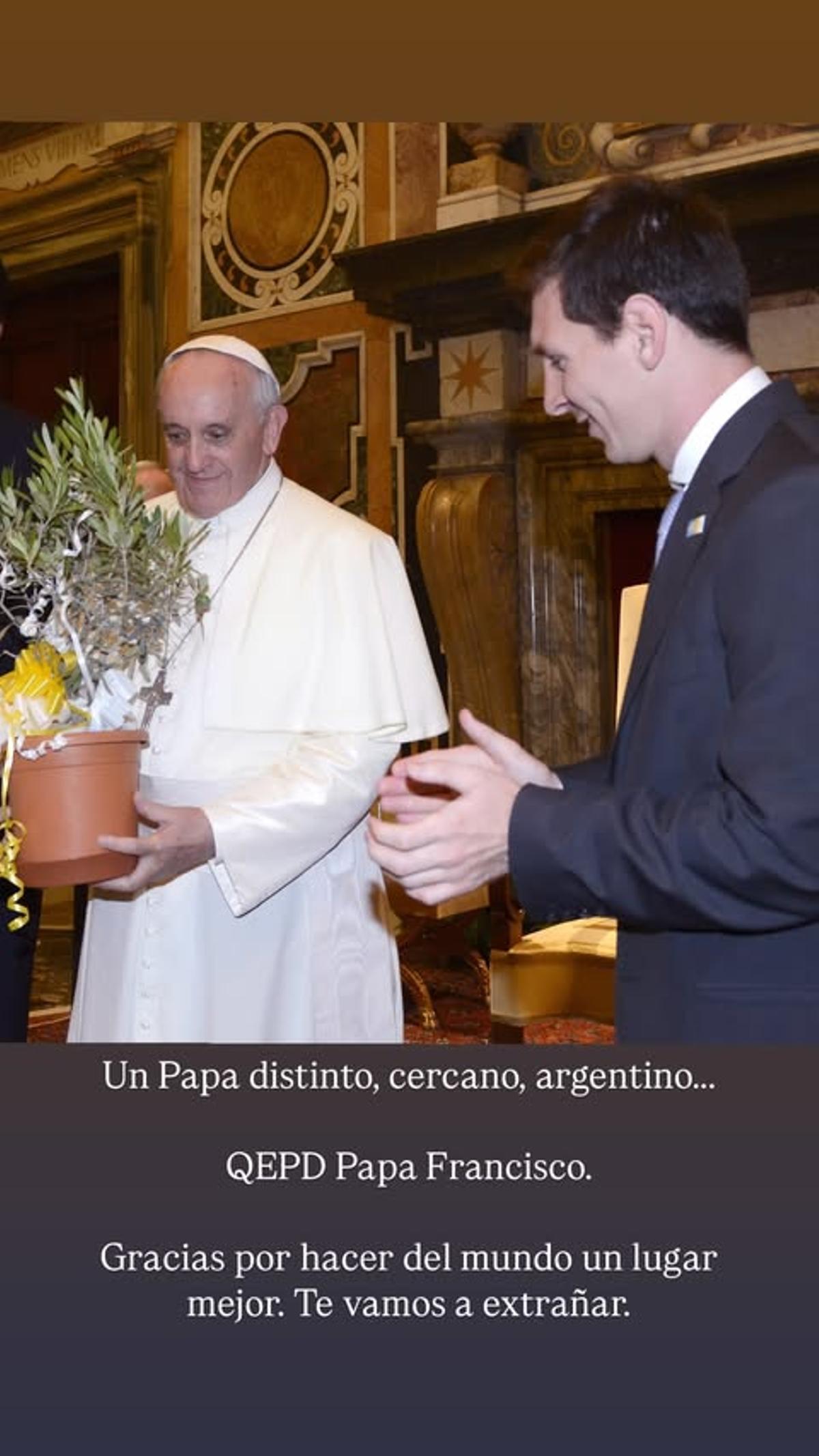 Historia de Leo Messi en su perfil de Instagram, junto al papa Francisco, en 2013.