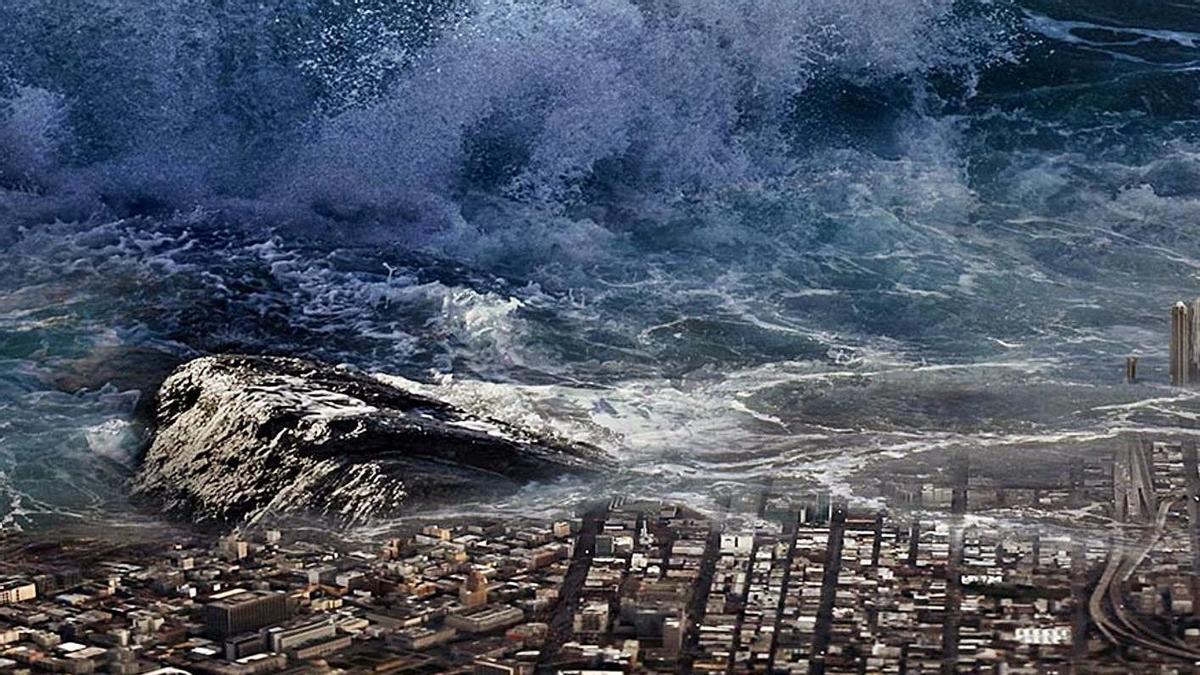 Recreación de un tsunami acercándose a la costa.