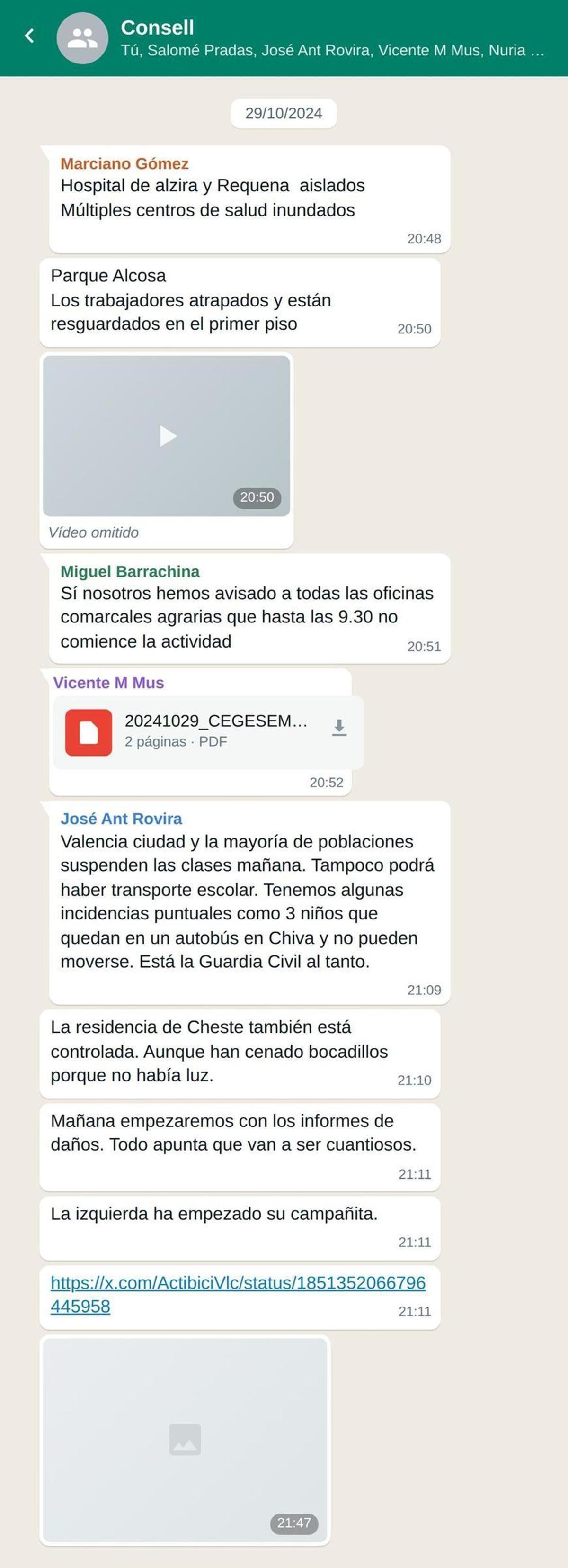 Así fue el chat del Consell el día de la dana, mensaje a mensaje