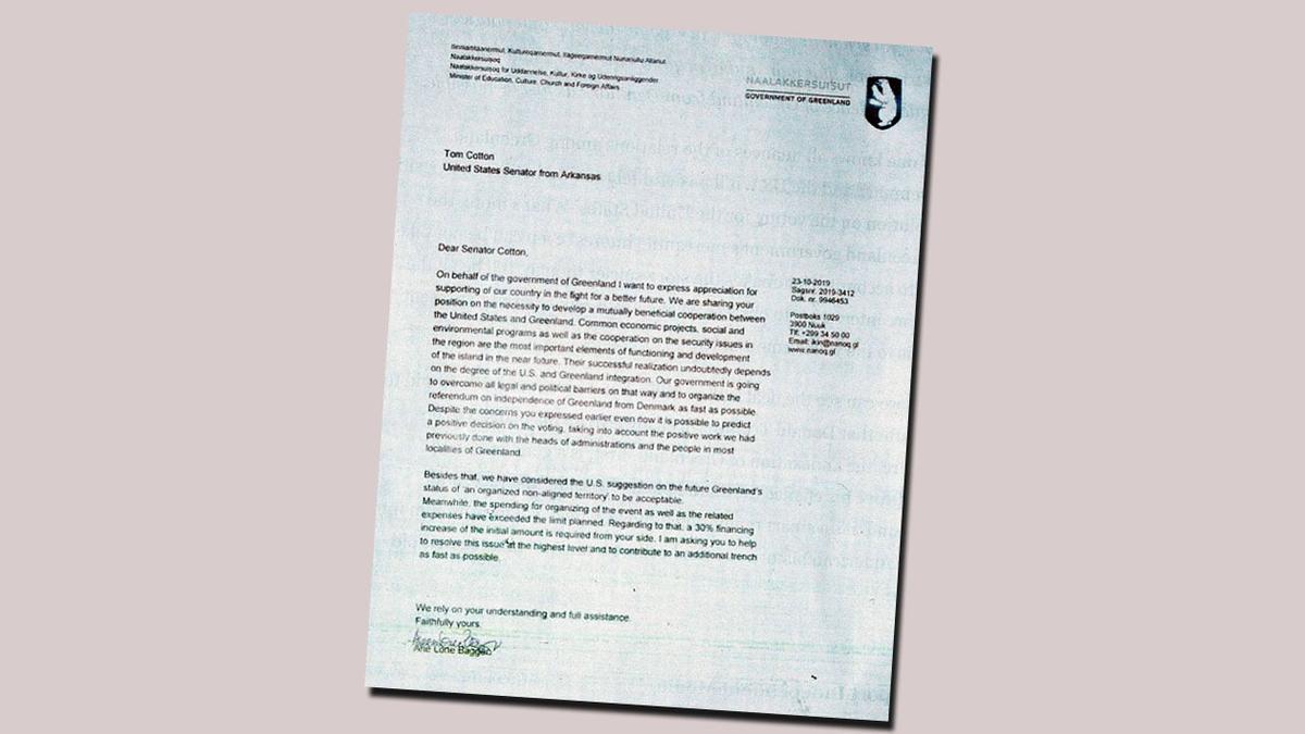 Imagen de una carta falsa de una ministra groenlandesa al senador estadounidense Tom Cotton.