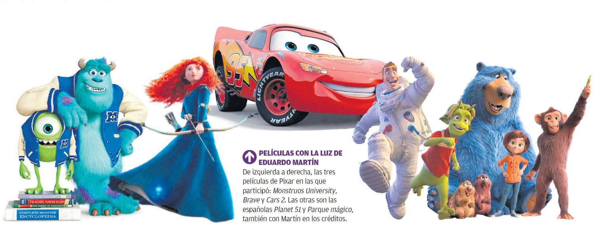 Películas con la luz de Eduardo Martín. De izquierda a derecha, las tres películas de Pixar en las que participó: Monstruos University, Brave y Cars 2. Las otras son las españolas Planet 51 y Parque mágico, también con Martín en los créditos.