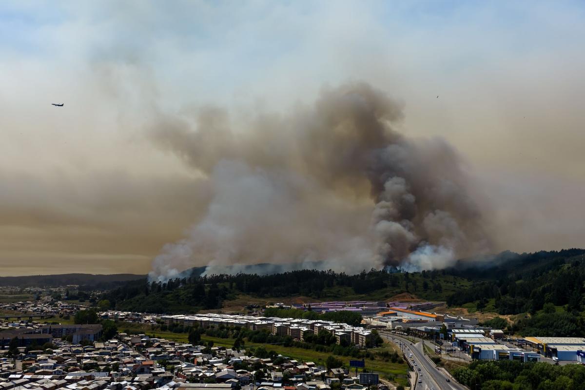 El humo aumenta cuando los incendios forestales arden en áreas boscosas cerca de Concepción, Chile, el domingo, enero. 18, 2026.
