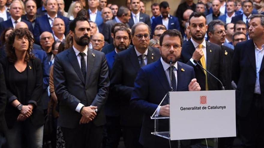 El vicepresidente Pere Aragonès en el acto de esta mañana en la Generalitat. es un conflicto entre catalanes.