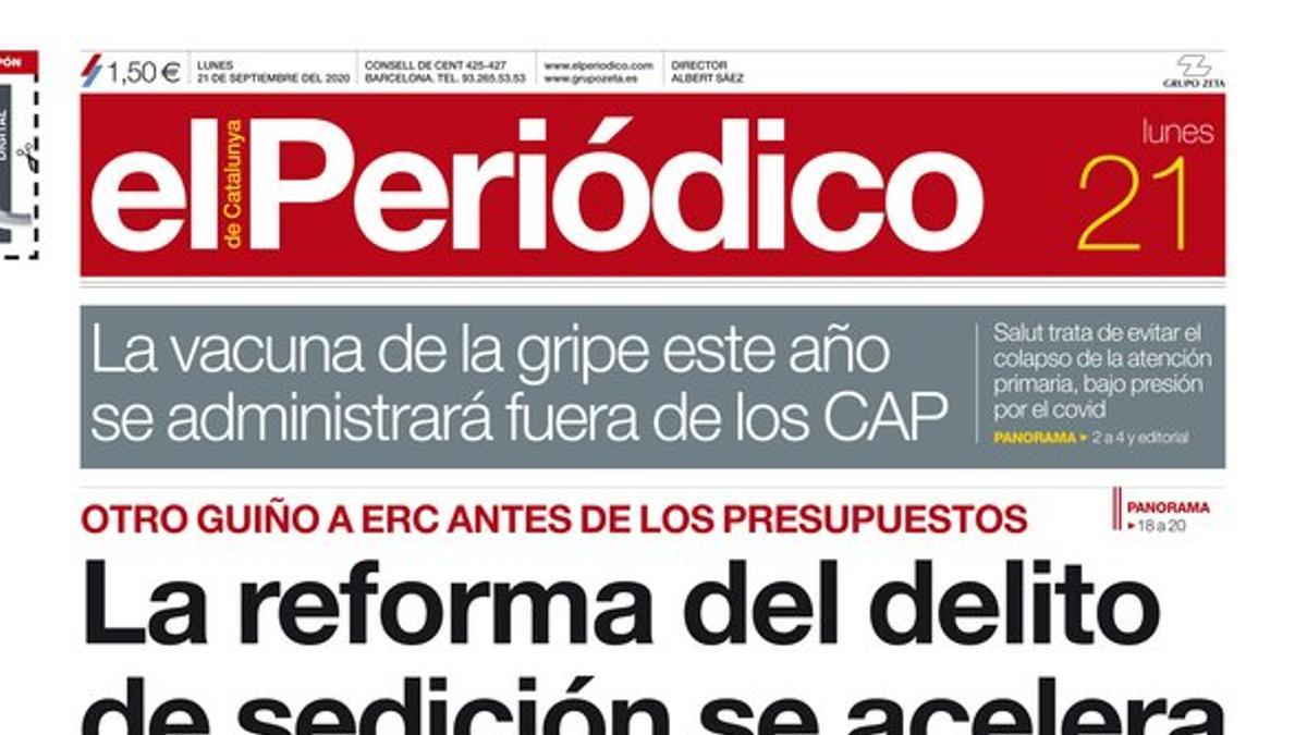 La portada de EL PERIÓDICO del 21 de septiembre del 2020