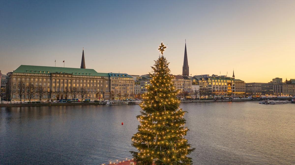 Árbol de Navidad sobre el río en Hamburgo