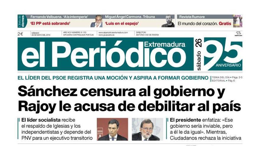 Esta es la portada de EL PERIÓDICO EXTREMADURA correspondiente al día 26 de mayo del 2018