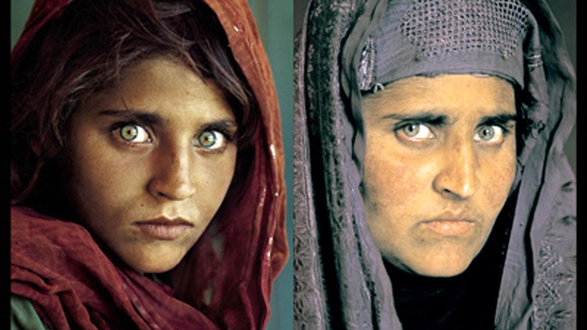 Sharbat Gula, en la icónica portada de 'National Geographic' (izquierda), y en una imagen reciente.