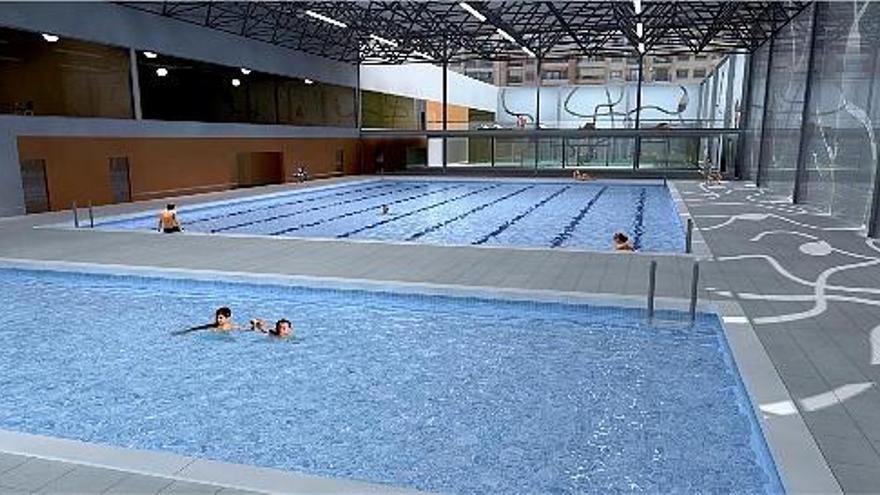 Figuración de la nave de la piscina que se construirá en el futuro polideportivo, con las pistas de pádel al fondo.