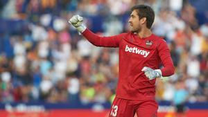 Aitor Fernandez of Levante celebrates a goal during the La Liga Santander match between Levante and FC Barcelona at Estadio Ciutat de Valencia on November 2, 2019 in Valencia, Spain