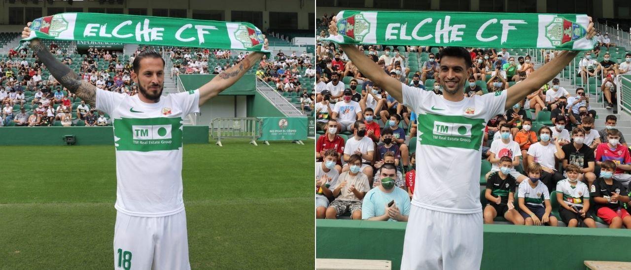 Pastore y Benedetto lucen orgullosos la bufanda del Elche el día de sus presentaciones como fichajes estrellas del club ilicitano.   |