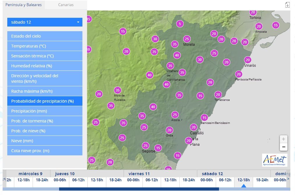 Probabilidad de lluvia que establece Aemet para el sábado por la tarde en Castellón.