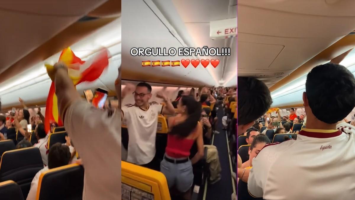 Tres imágenes de la celebración del triunfo de España en pleno vuelo Milán-Alicante.
