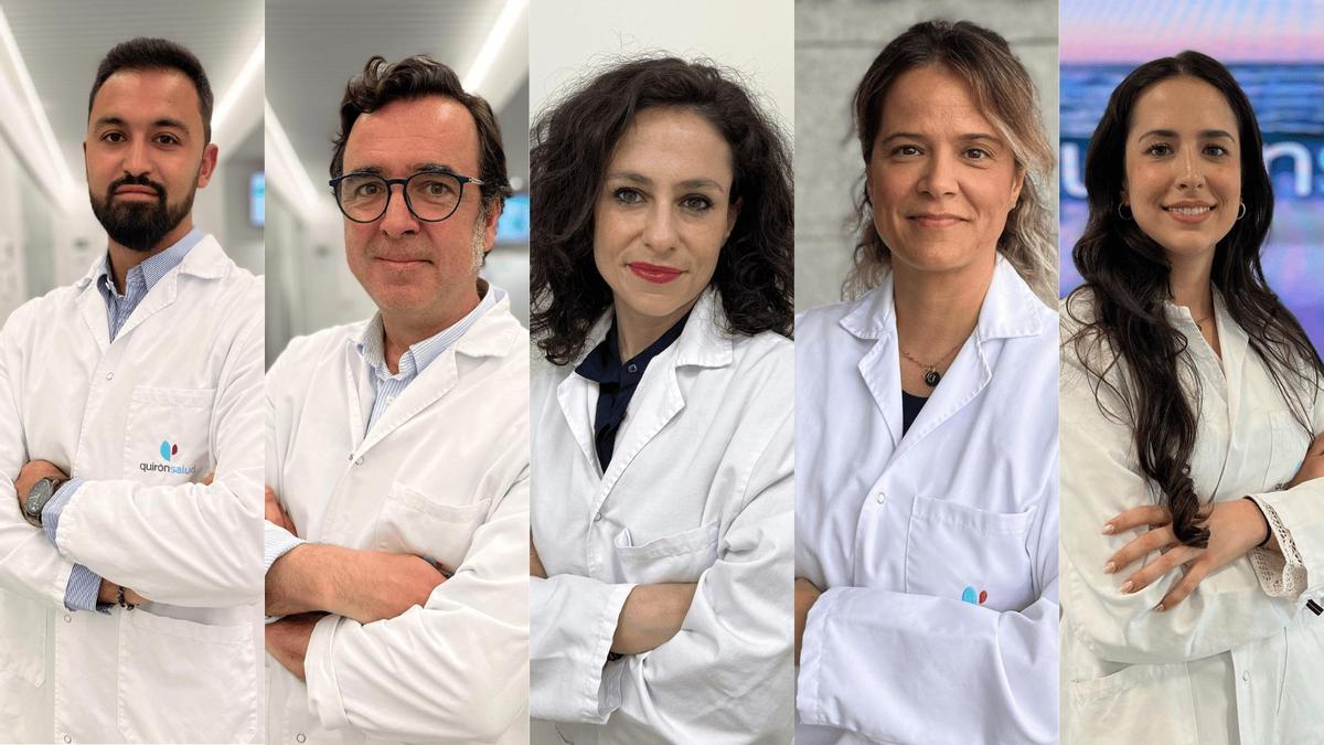 Equipo Unidad de Menopausia Hospital Materno-Infantil Quirnsalud Sevilla. De izquierda a derecha; José Famián, ginecólogo; Adolfo López, ginecólogo; María Luisa Fonte, endocrinóloga; Natalia Núñez, psicóloga y Sandra Ruiz, matrona.