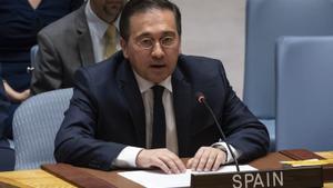 El ministro español de Asuntos Exteriores, José Manuel Albares, en su intervención ante el Consejo de Seguridad de la ONU.