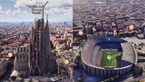 A la izquierda, la Sagrada Família, y a la derecha, el Camp Nou antes de las obras, en las vistas inmersiva de Google Maps en Barcelona. 