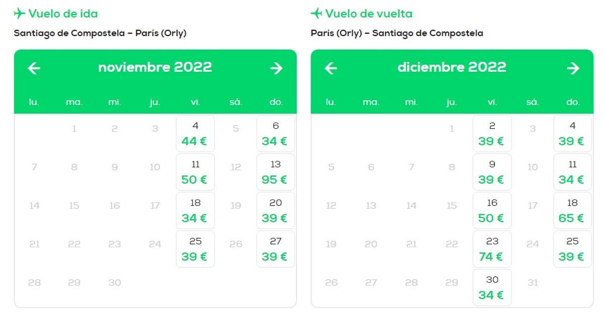 Precios del vuelo Santiago-París de Transavia en la temporada de invierno.