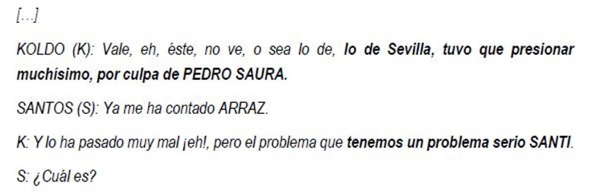 Extracto de una conversación entre Koldo García y Santos Cerdán sobre Pedro Saura.