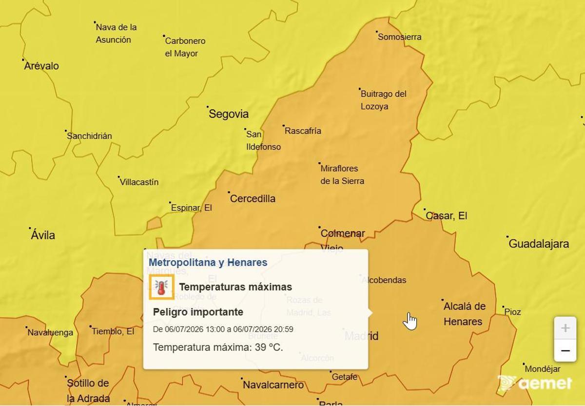 Mapa avisos naranja en toda la Comunidad de Madrid