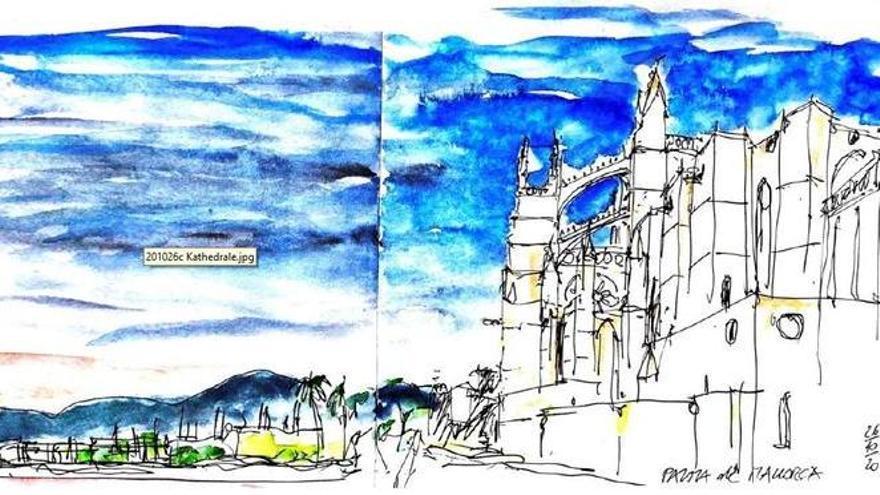 La Seu, die Kathedrale von Palma de Mallorca, in einer Zeichnung von Emil Hädler.
