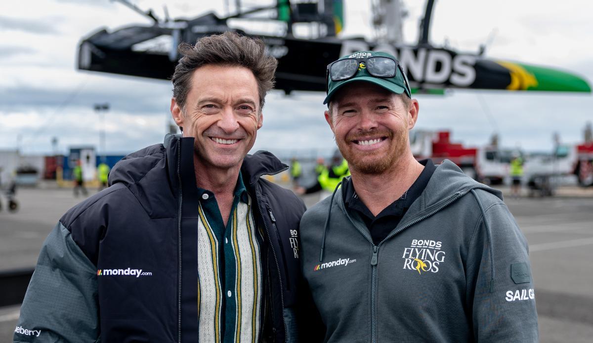 Hugh Jackman, co-owner of BONDS Flying Roos SailGP Team, alongside Tom Slingsby, driver of BONDS Flying Roos SailGP Team, as the BONDS Flying Roos SailGP Team F50 catamaran is prepared for racing on Race Day 1 of the Mubadala New York Sail Grand Prix in New York, USA. Saturday 30 May 2026. Rolex SailGP Championship Event 6 2026 Season. Photo: Simon Bruty for SailGP. Handout image supplied by SailGP