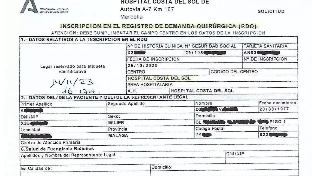 Documento de registro en la Lista de Espera Quirúrgica en el Hospital Costa del Sol