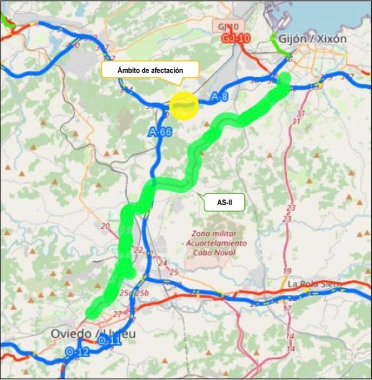La zona afectada por las obras (en amarillo) y la alternativa propuesta (en verde).