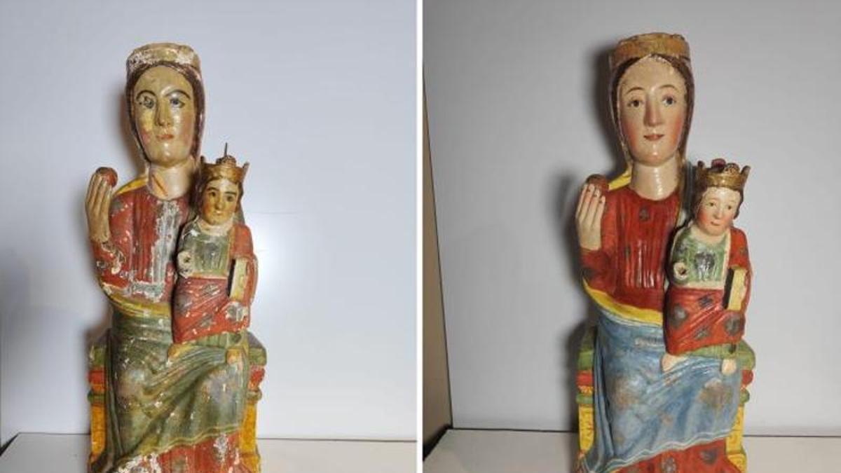 Antes y después de la restauración de la talla.