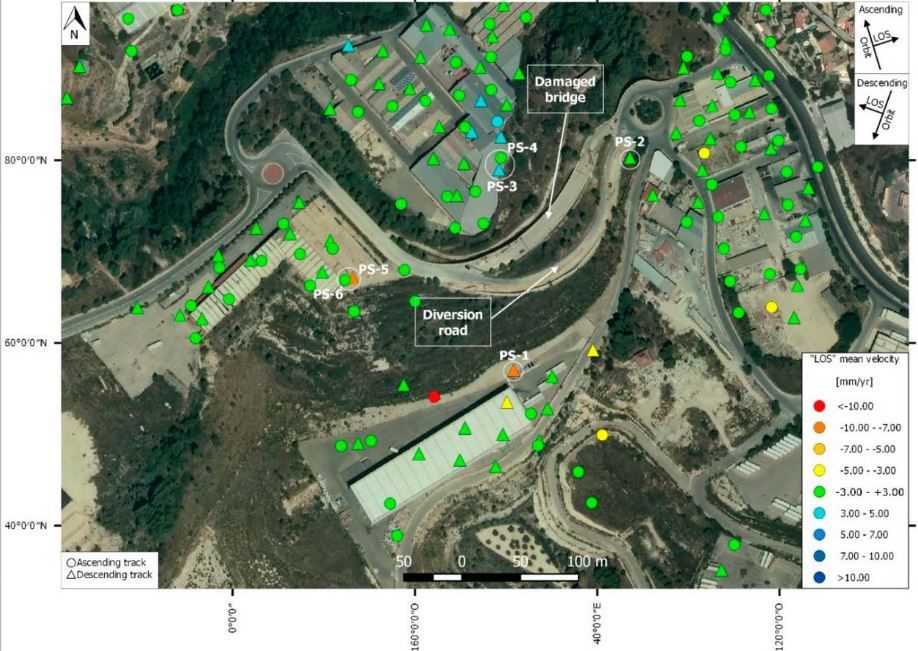 Mapa de los desplazamientos del terreno en mm