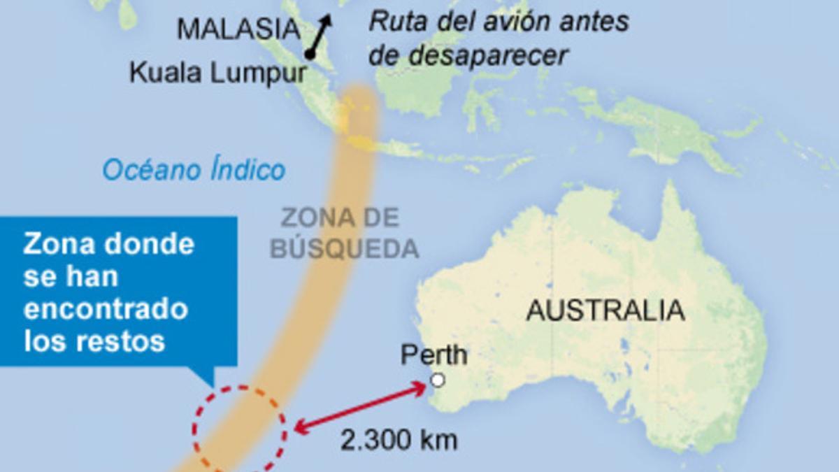 Localización de la zona del Índico donde Australia ha encontrado posibles restos del avión de Malaysia Airlines