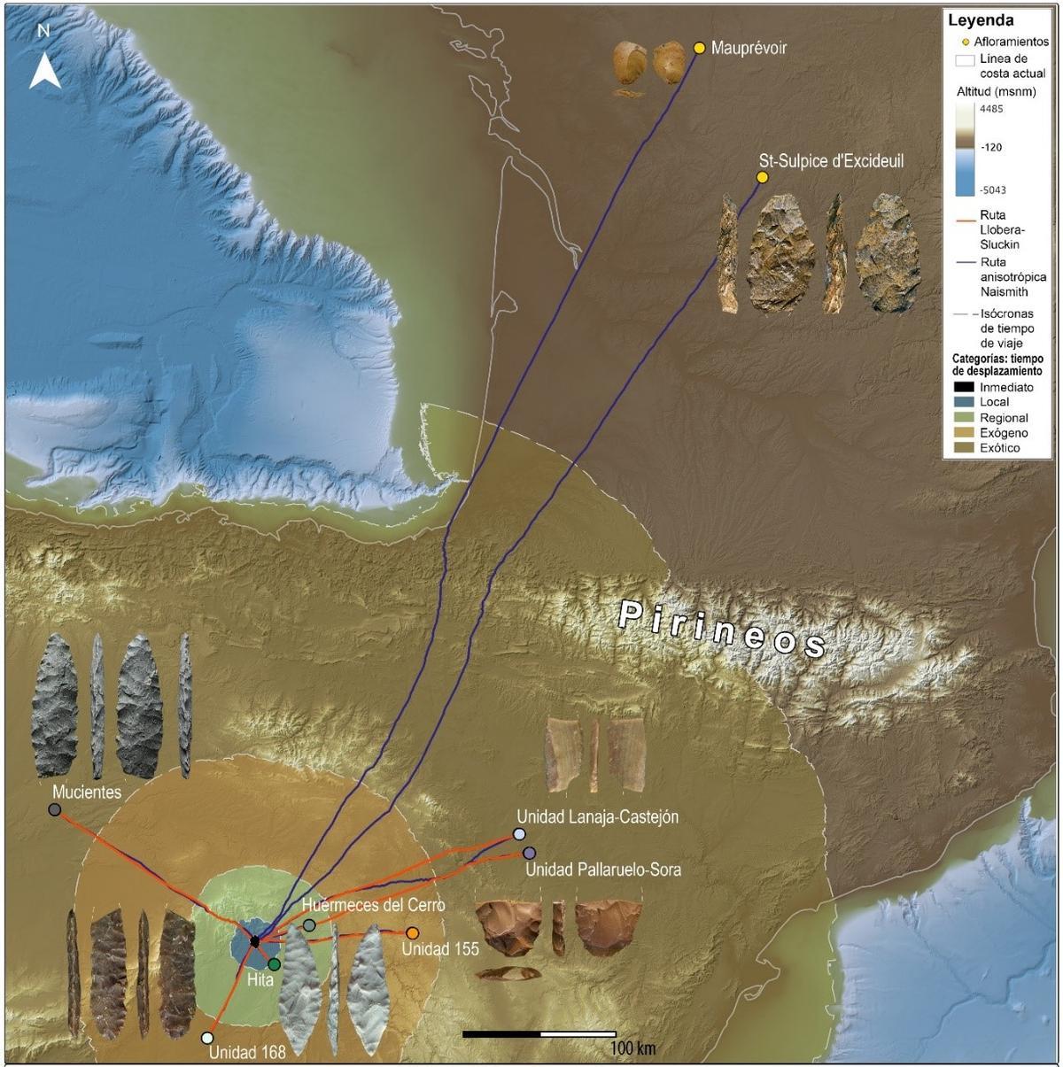 Rutas que cuantifican el tiempo-coste entre Peña Capón y las fuentes de las materias primas líticas utilizadas para la fabricación de utensilios abandonados en el abrigo durante el Solutrense. Se representa la zonificación del territorio en función del tiempo-coste que separa el yacimiento de los afloramientos, así como piezas características de la mayoría de ellos.