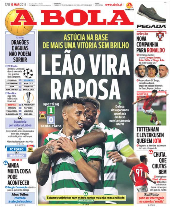 Portada A BOLA sábado 16 marzo 2019