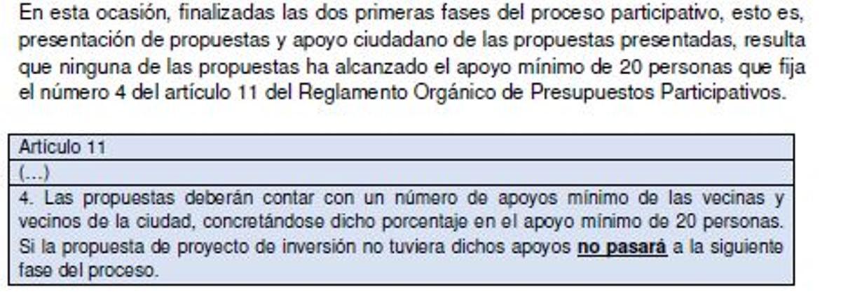 Extracto de la resolución del área de Participación Ciudadana, que gestiona la edil Gertrudis Páez