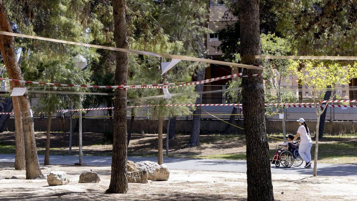 Las hogueras se cogen parcelas en el parque Lo Morant para tener ya reservado su sitio para paellas