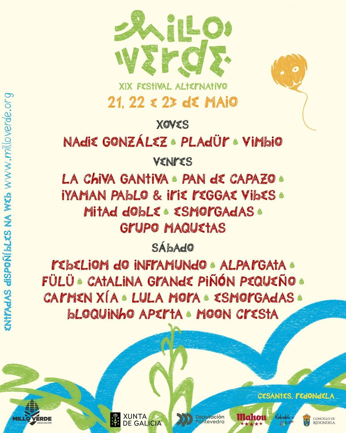 El cartel por días del Festival Millo Verde de Redondela