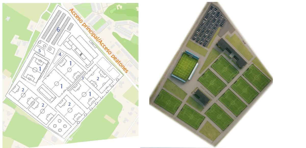 Distribución de la Ciudad Deportiva del Hércules y recreación con Inteligencia Artificial del resultado.