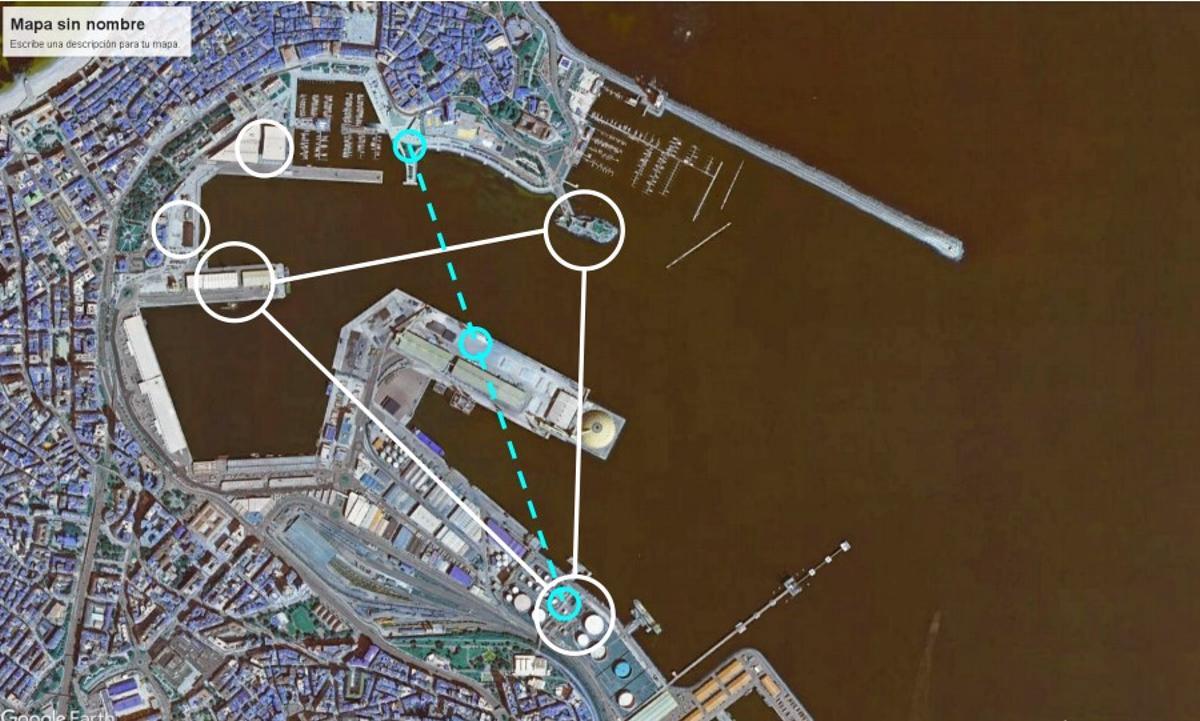 En línea discontinua, trazado del teleférico propuesto por Casabella y Sellier. En los círculos, puntos que también podrían ser unidos por este transporte.